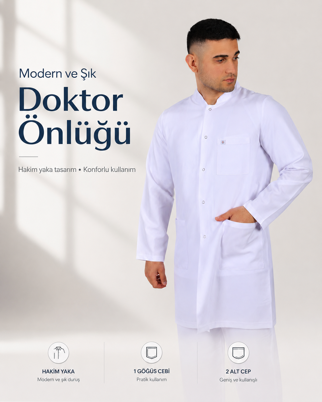 Hakim Yaka Orta Boy Uzun Kol Erkek Önlük | Doktor Önlüğü Hastane Önlüğü Laborant Hemşire İş Önlüğü