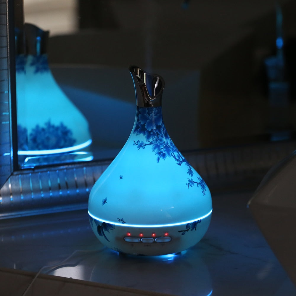 Blue and White Porcelain Essential Oil Diffuser 300ml Air Humidifier 7Color LED Light Aroma Diffuser Aromatherapy Mist Maker