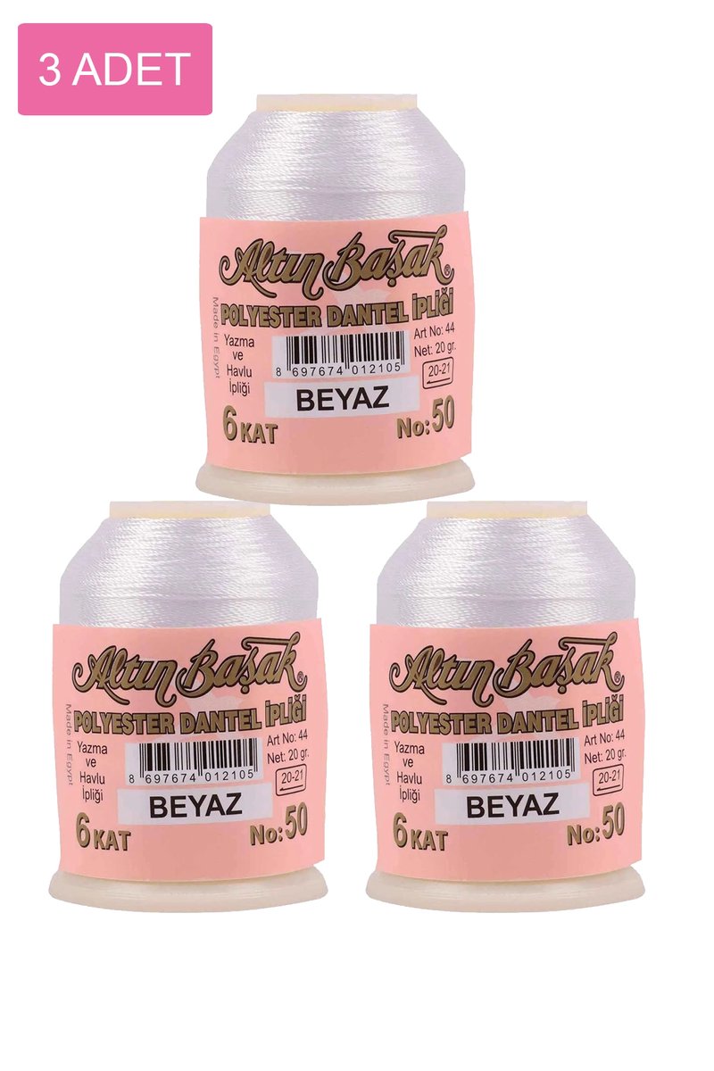 3 Adet Altınbaşak Oya ve Dantel İpi 20 gr - No: BEYAZ