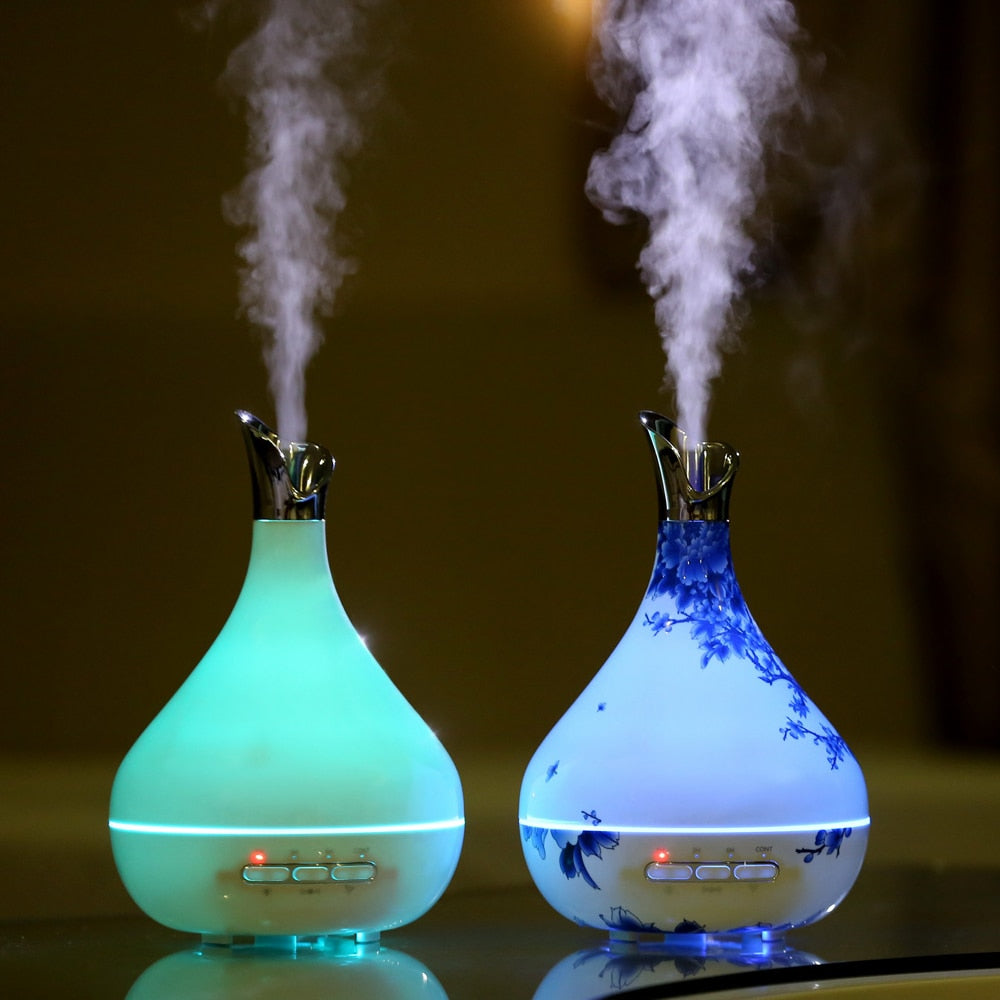 Blue and White Porcelain Essential Oil Diffuser 300ml Air Humidifier 7Color LED Light Aroma Diffuser Aromatherapy Mist Maker